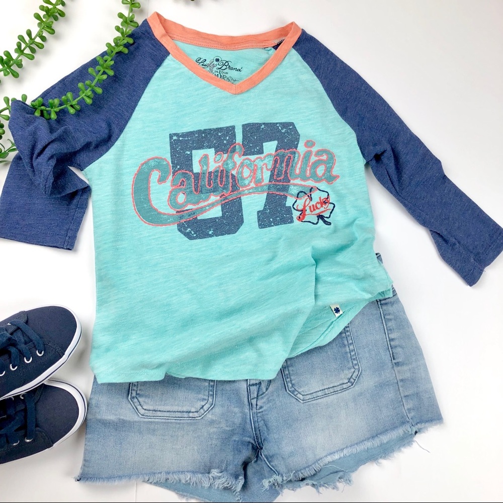 LUCKY BRAND Girls Graphic ¾ Sleeve Tee Teal Medium